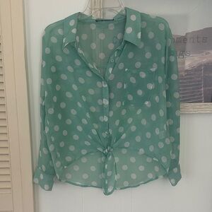 Size Small Foreign Exchange Mint Green and White Polka Dot Button Down Tie Front